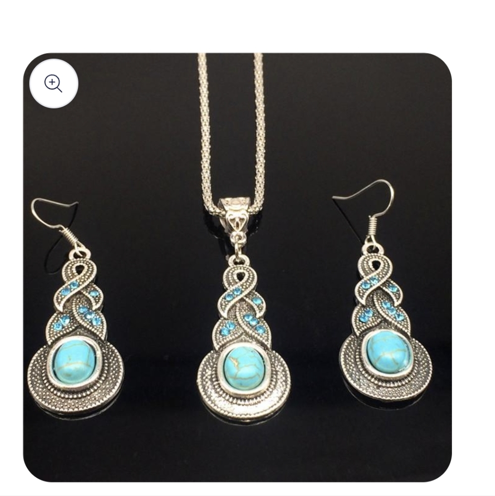 Blue Rhinestone Inlaid Turquoise Drop Earrings & Necklace Set Original Design - Picture 3 of 7